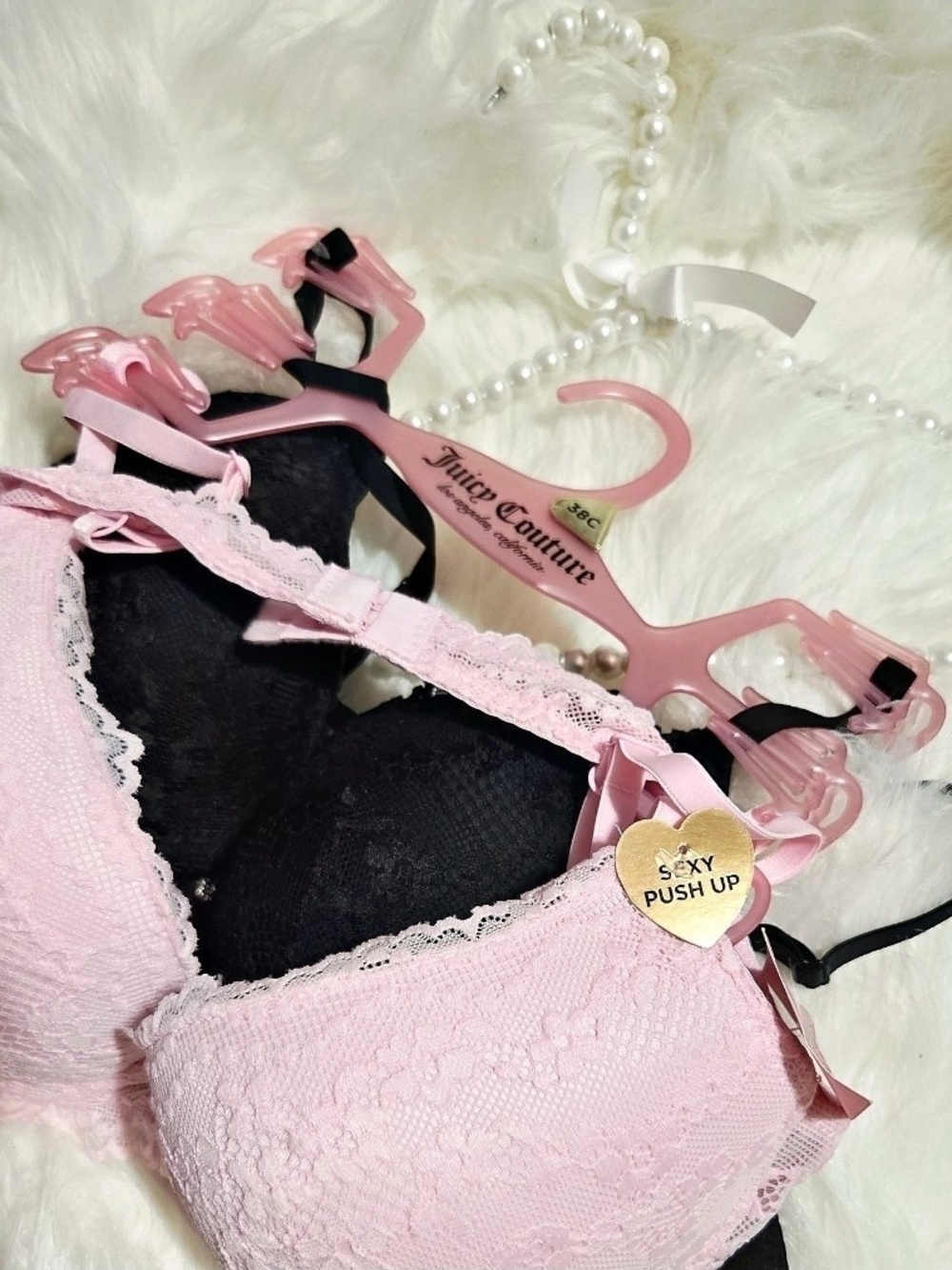 Juicy Couture 2pc Bundle Pink Lace Push-Up Bra with Heart Charm